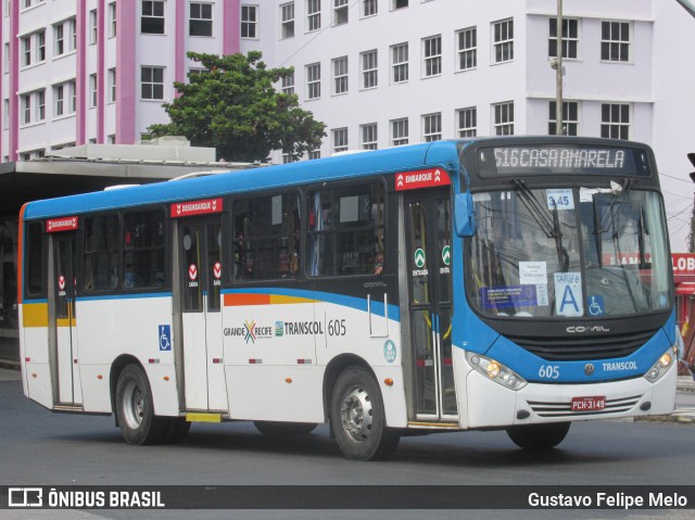Transcol - Transportes Coletivos Ltda. 605 na cidade de Recife, Pernambuco, Brasil, por Gustavo Felipe Melo. Número da foto: #8498835.