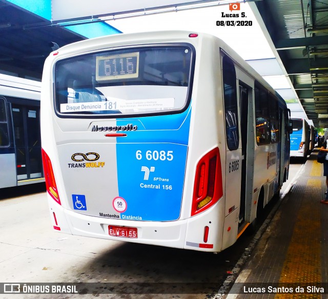 Transwolff Transportes e Turismo 6 6085 na cidade de São Paulo, São Paulo, Brasil, por Lucas Santos da Silva. Número da foto: #7604217.