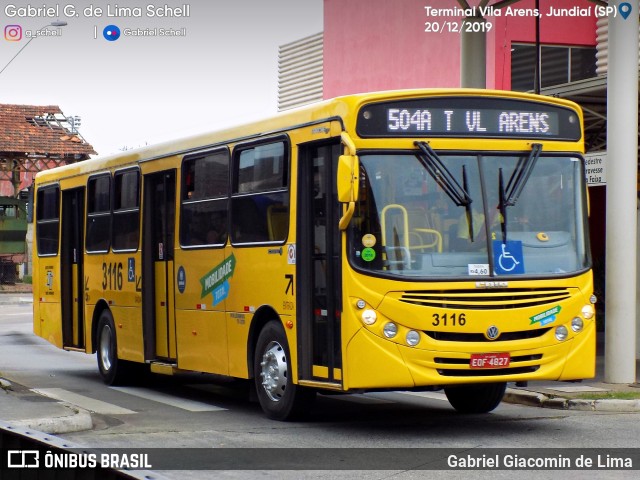 Auto Ônibus Três Irmãos 3116 na cidade de Jundiaí, São Paulo, Brasil, por Gabriel Giacomin de Lima. Número da foto: #7632382.