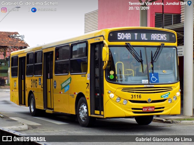 Auto Ônibus Três Irmãos 3116 na cidade de Jundiaí, São Paulo, Brasil, por Gabriel Giacomin de Lima. ID da foto: 7632382.