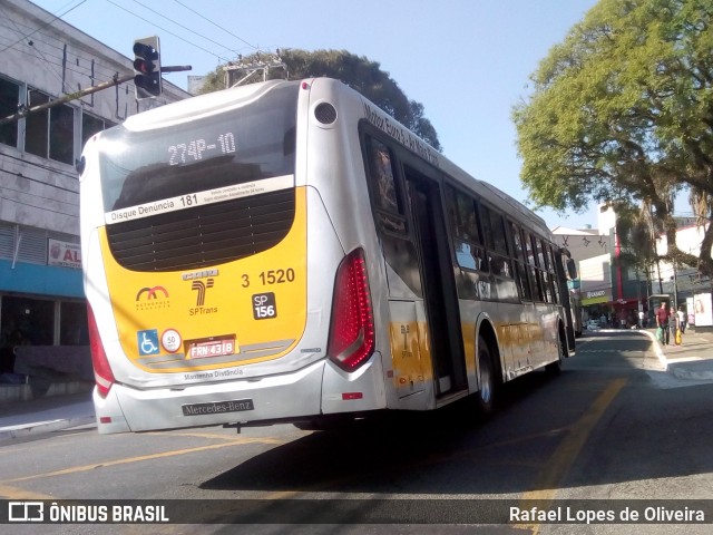 Viação Metrópole Paulista - Zona Leste 3 1520 na cidade de São Paulo, São Paulo, Brasil, por Rafael Lopes de Oliveira. ID da foto: 8082363.